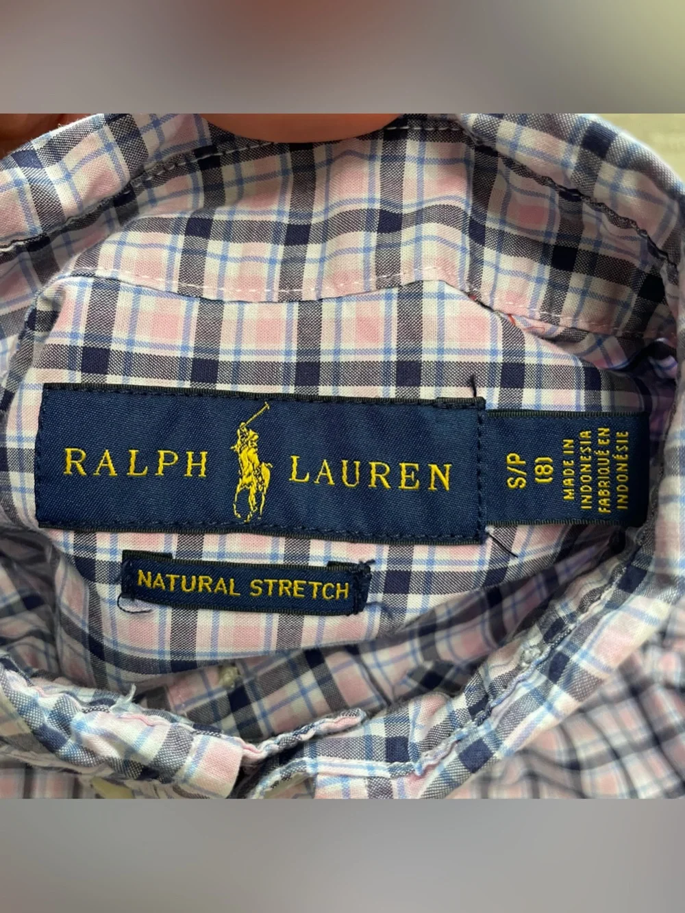 Ralph Lauren Boys 8 S Pink & Navy Blue Plaid Shirt Long Sleeve Button Down Pony